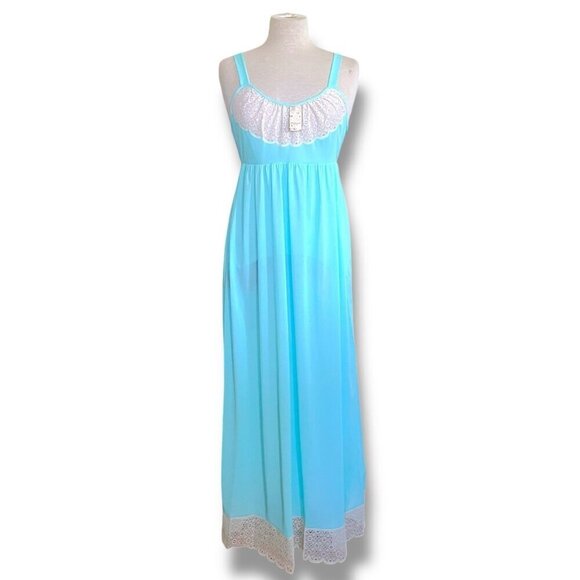 Vintage 1970s Formfit Rogers Womens Nightgown Sz Small Tiffany Blue Nylon Lace - Picture 2 of 11